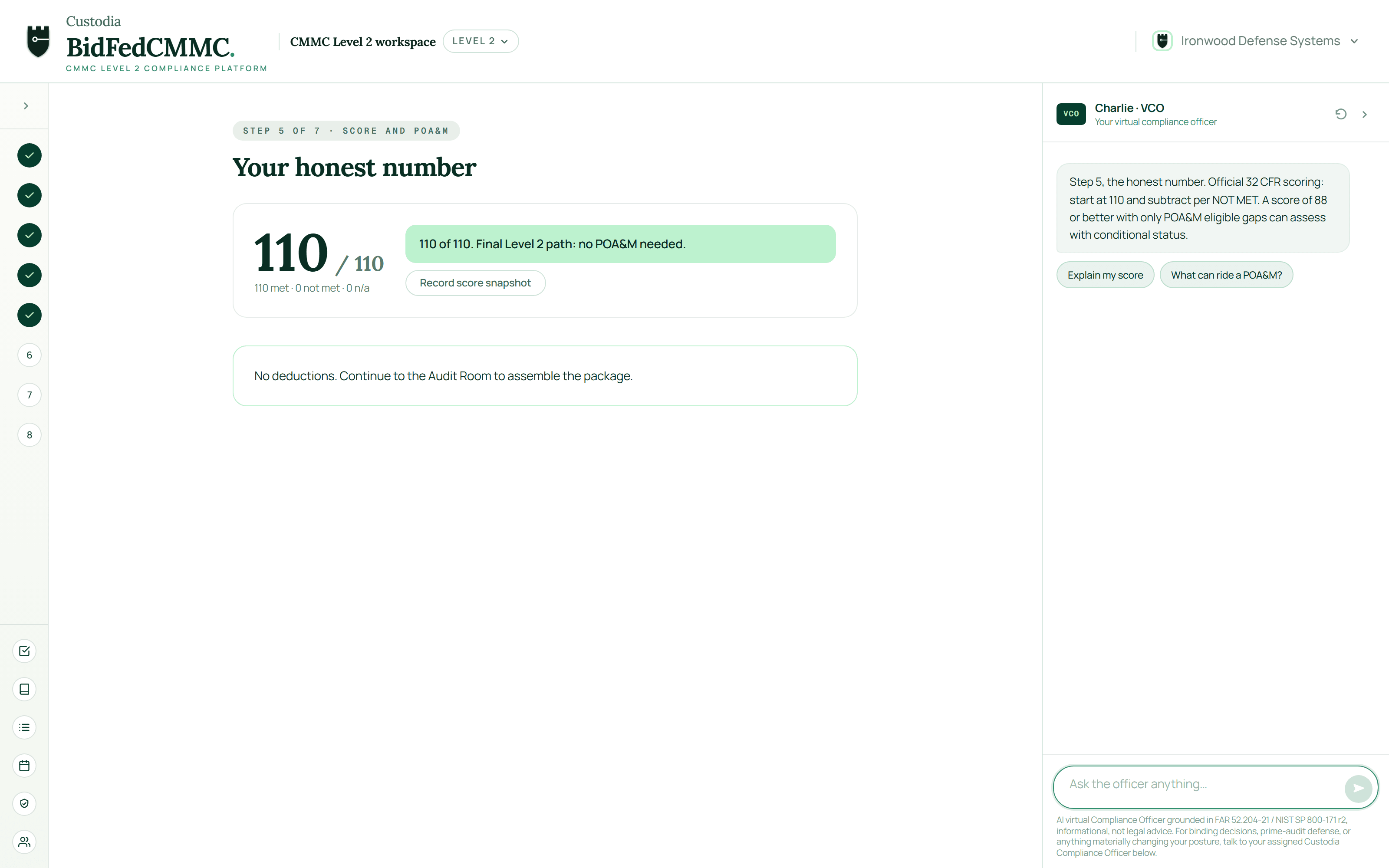 The Level 2 score out of 110 with the POA&M beneath it