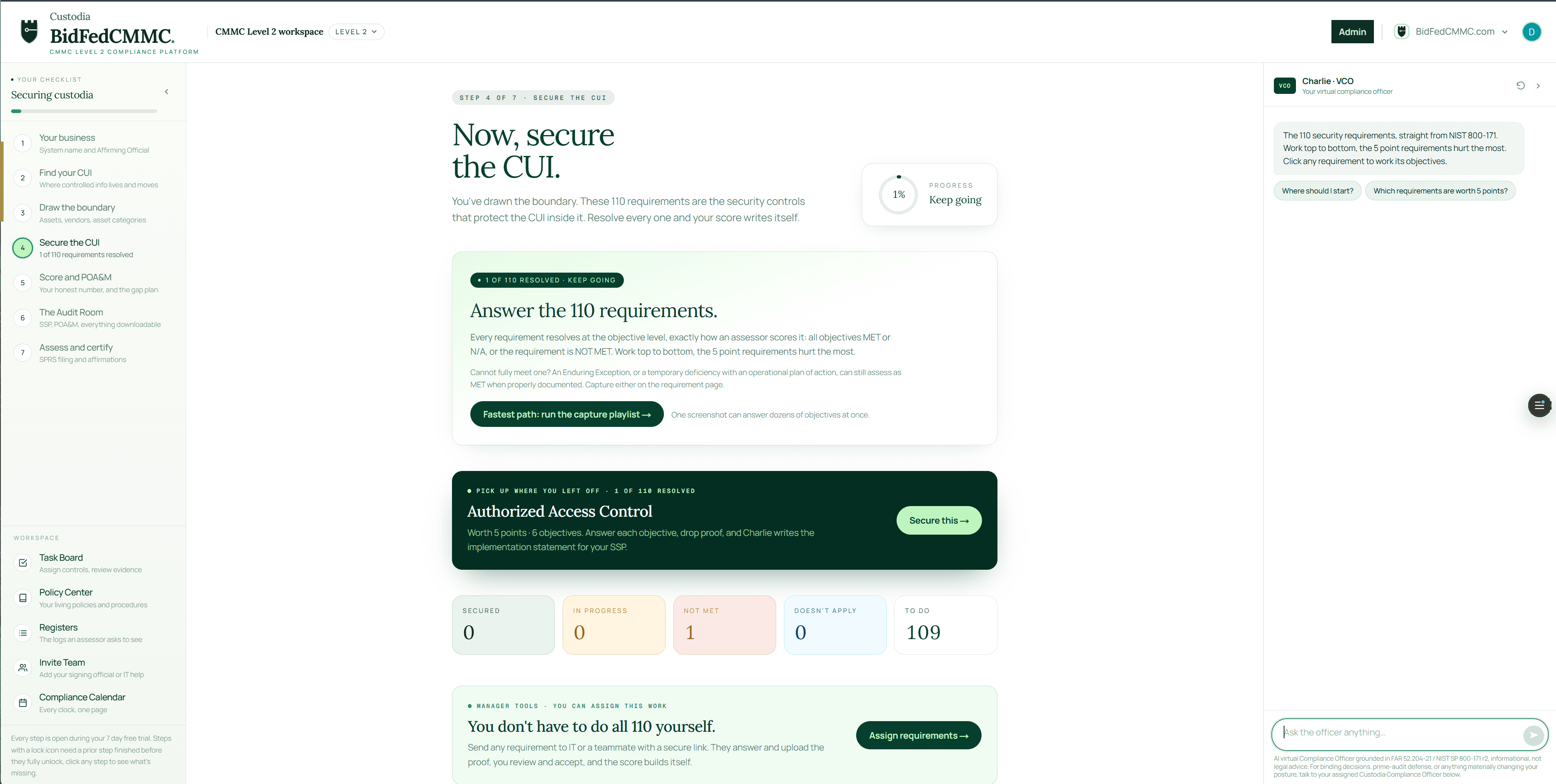 The Custodia Level 2 workspace: the 110 requirements worked at the objective level, your score, and the Audit Room