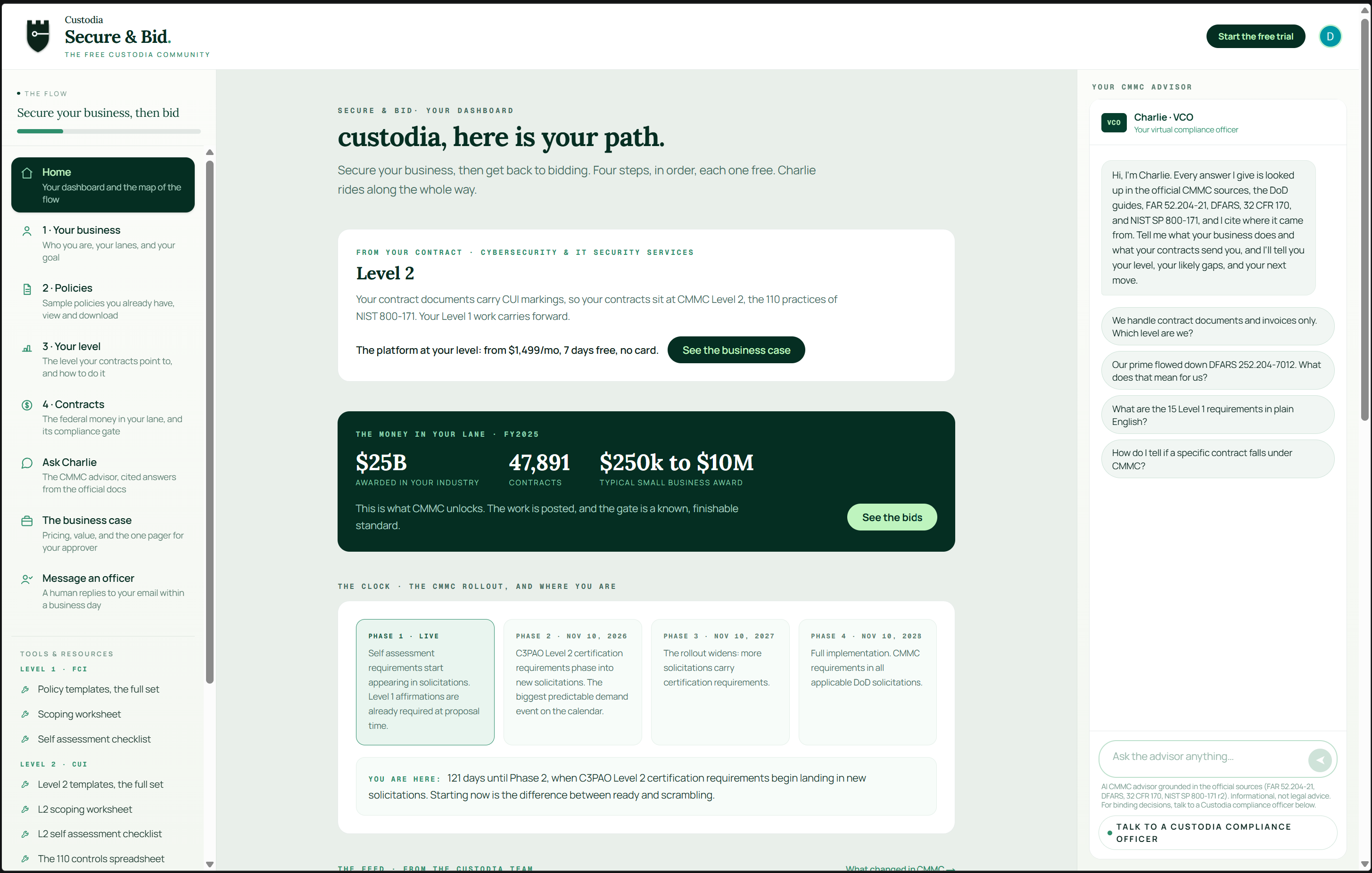 The Bid and Win member dashboard with a CMMC advisor and the bids in your lane