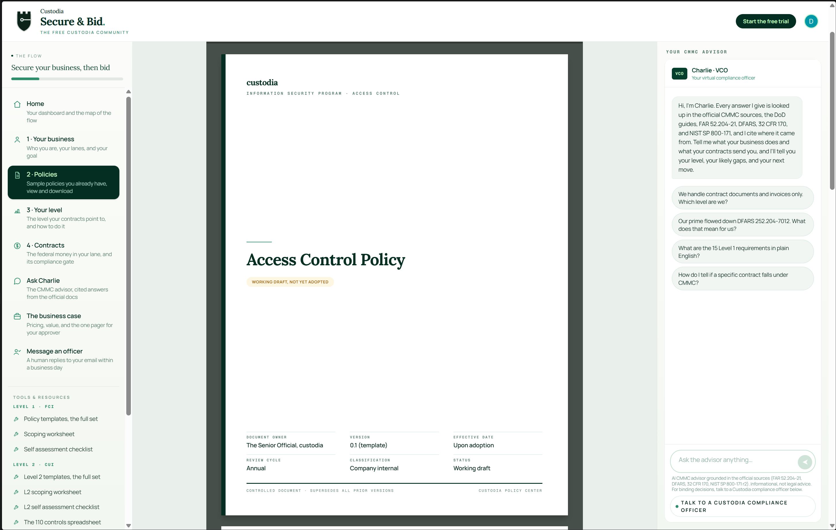A rendered CMMC access control policy on company letterhead